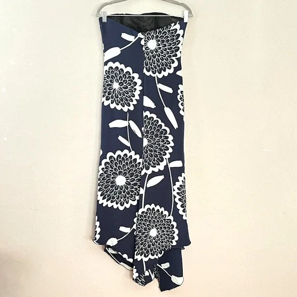 Vtg. Randolph Duke Dress Silk Strapless Maxi Faux Wrap Navy Floral XS Asymmetric